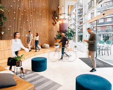 A busy foyer in a commercial office